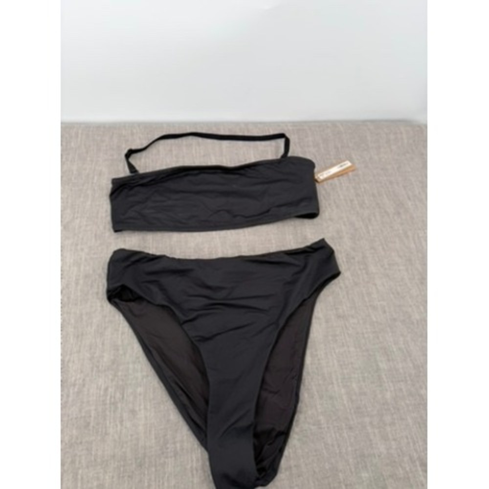 SKIMS Recycled Swim Bandeau Top Mid Waist Bikini Bottom Set Onyx Black Sz M NWT